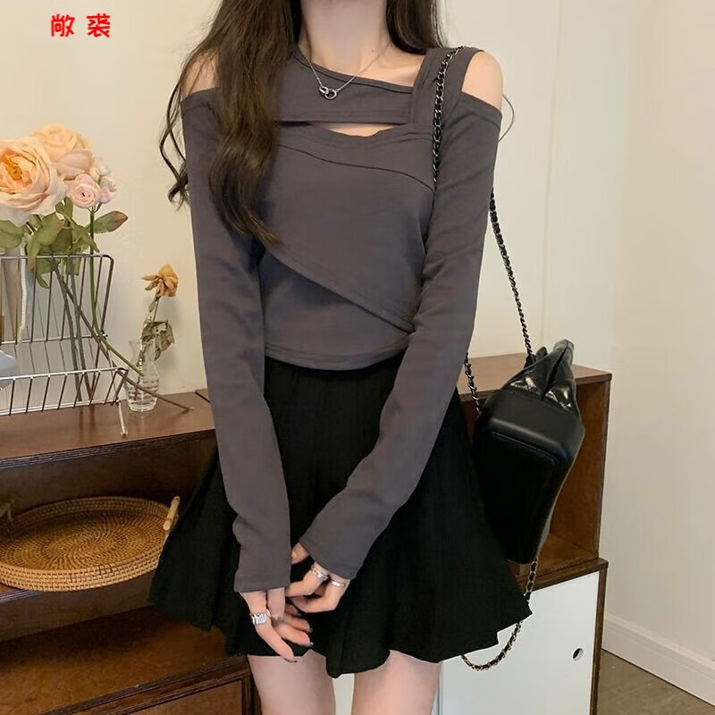 敞裘春秋装新款不规则设计感长袖t恤女纯欲风显瘦露肩气质上衣服 灰色