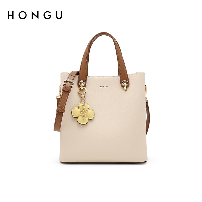 红谷hongu单肩包女手提包2022新款气质牛皮时尚潮流百搭戴妃包 米白色