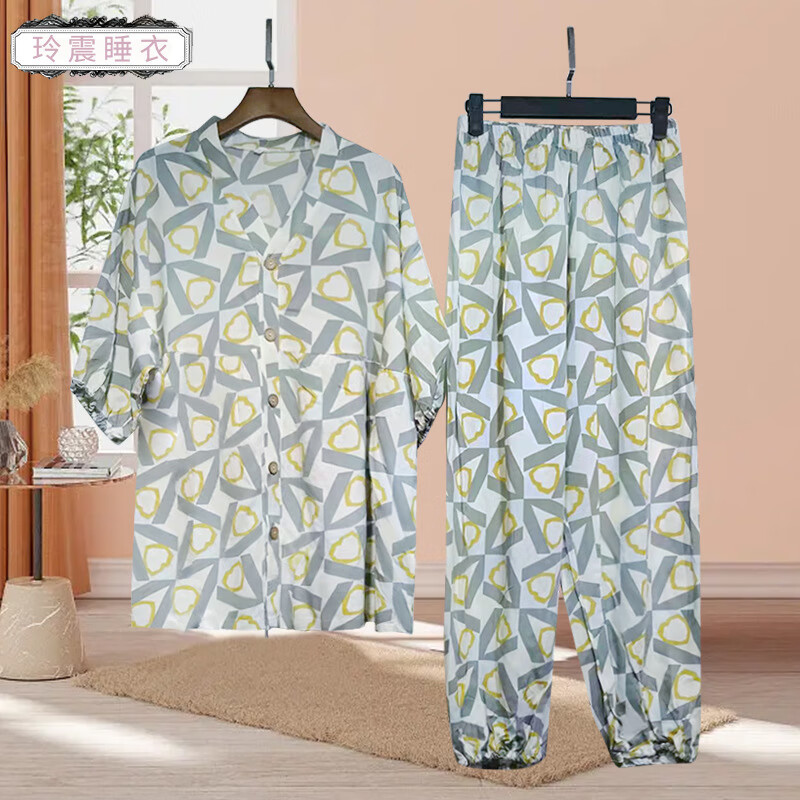 兔春夏秋季睡衣女绵绸短袖宽松大码女装v领套装薄款家居服厂家 款式1