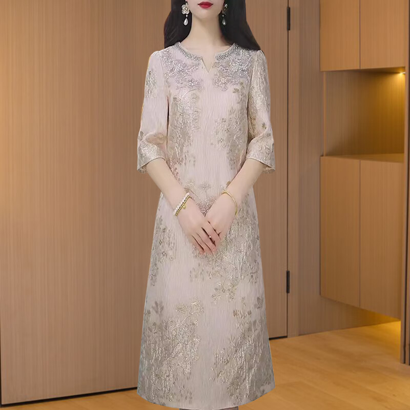 勤馳國慶節(jié)參加結(jié)婚宴的衣服新中式旗袍連衣裙穿搭高級感媽媽禮服 香檳粉中袖[十三行女爆款上檔次 2XL 125-135