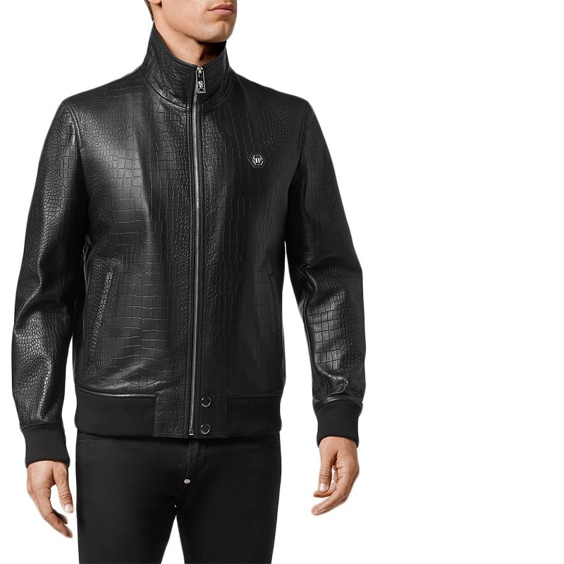 philipp plein 菲利浦普莱因 男士皮衣鳄鱼纹羊皮金属徽标夹克外套