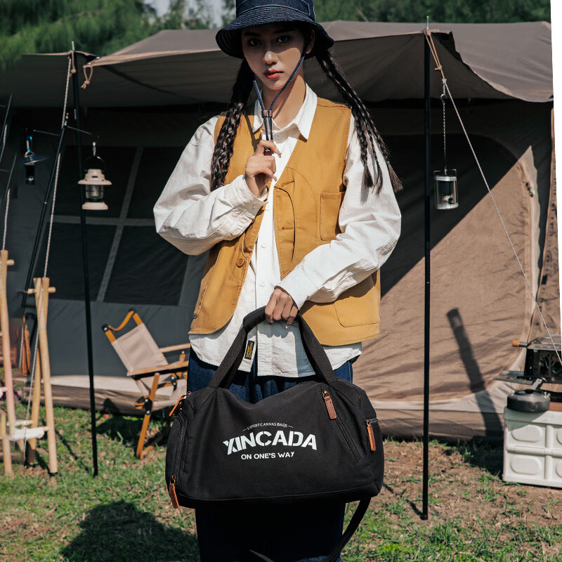 新潮代旅行包男帆布手提大容量运动健身包多功能出差单肩包斜挎旅游包 卡其色