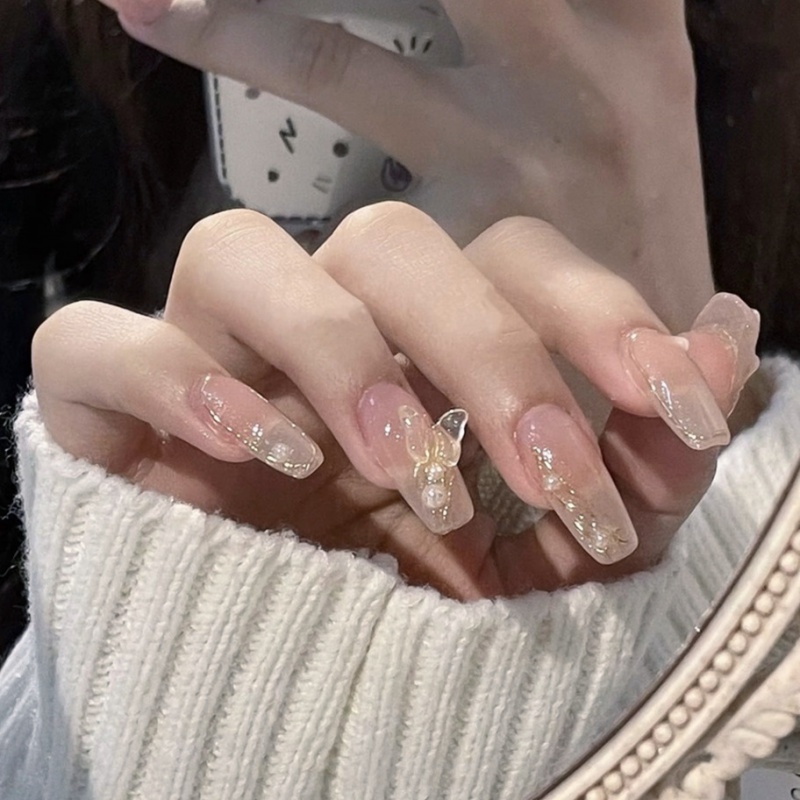 nailnina奈妮娜粉蝴蝶飞假指甲片穿戴美甲贴成品甲片贴24片美甲贴 z