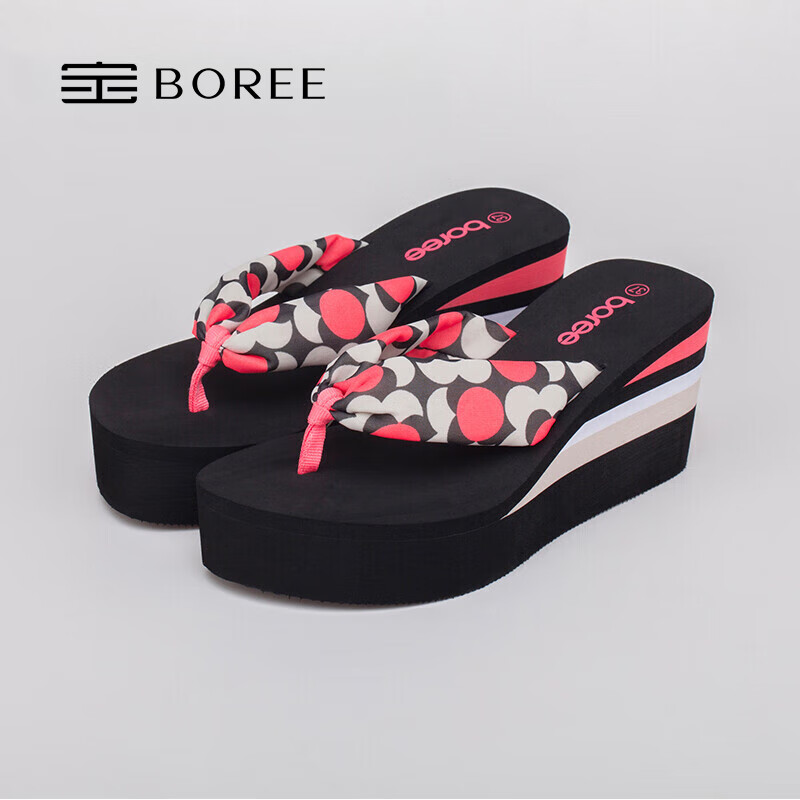 寶人（Boree）夏季涼拖鞋女高跟海邊防滑沙灘鞋厚底坡跟時(shí)尚外穿花紋夾腳人字拖 紅色 36
