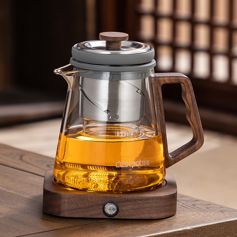 壹购顶壶耐高温玻璃旋转内胆泡茶壶家用升降内胆飘逸壶茶水分离泡茶器 D21A（透明）+恒温座【配4杯】 500ml