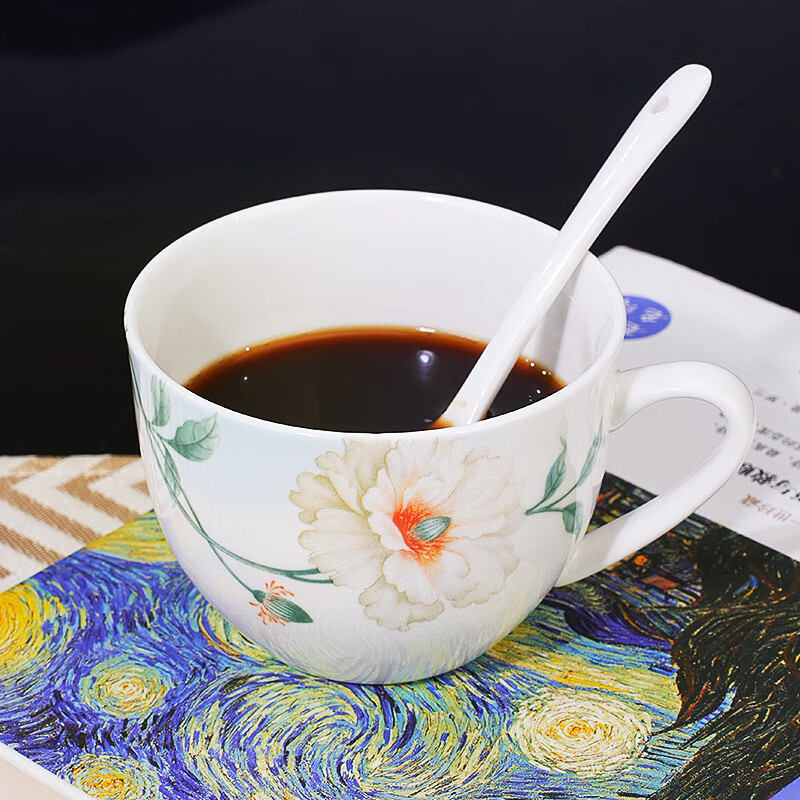 红牡丹骨瓷马克杯家用早餐杯釉中彩喝水杯办公室咖啡杯中式喝茶茶杯 素锦花开早餐杯1个