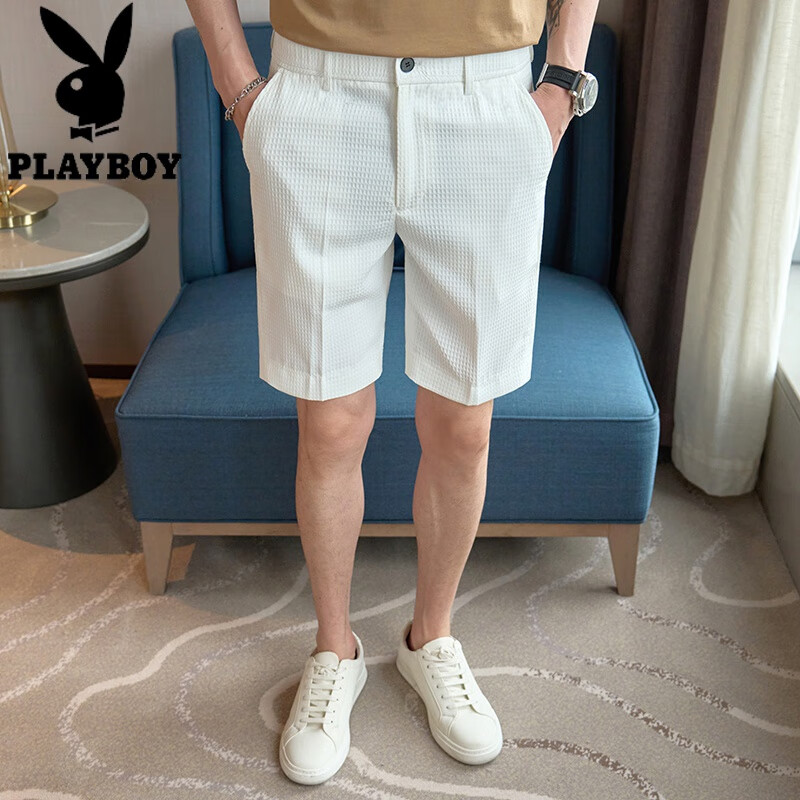 花花公子（PLAYBOY）華夫格短褲男士西褲夏季冰絲褲子2024新款高級感休閑五分西裝褲 白色 28 建議【100斤以內】