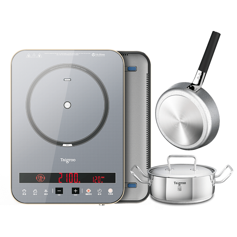 钛古（Taigroo） 钛古电磁炉火锅家用电磁炉智能爆炒新款电池炉家电 星云灰三件套