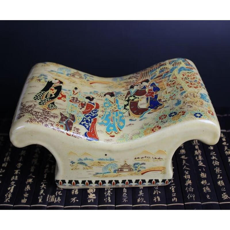 狮奥利兴瓷枕头景德镇 古玩杂项陶瓷仿古瓷器手枕脉枕头 侍女图案瓷