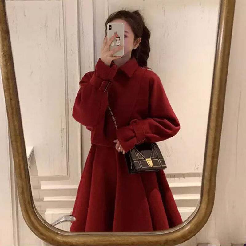 红色外套 连衣裙套装【跨年衣服 s【轻熟风女装套装港味/奶系穿搭