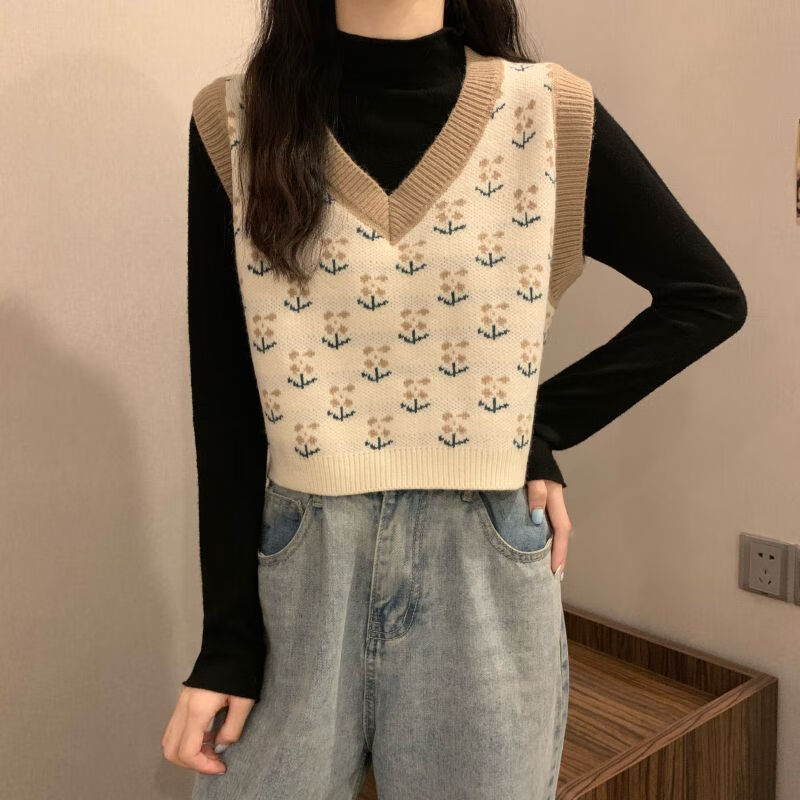 朵貌马甲女春秋日系外搭小背心2024新款叠穿毛衣坎肩短款洋气针织马甲 杏色提花马甲 L 100-120