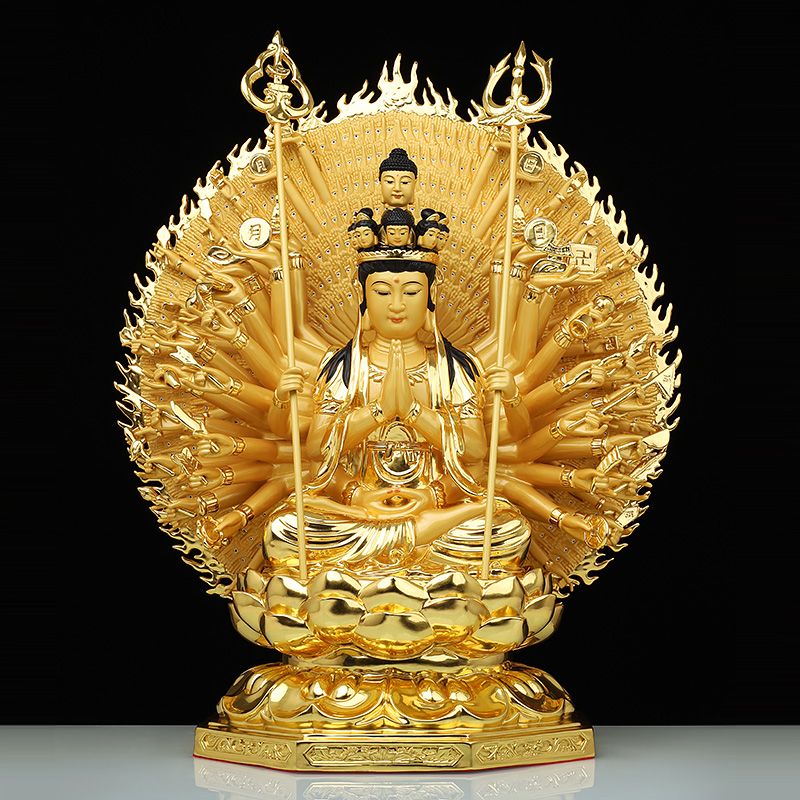 纯铜千手观音佛像贴金供奉摆件木雕千手千眼菩萨家用坐莲客厅 【纯铜