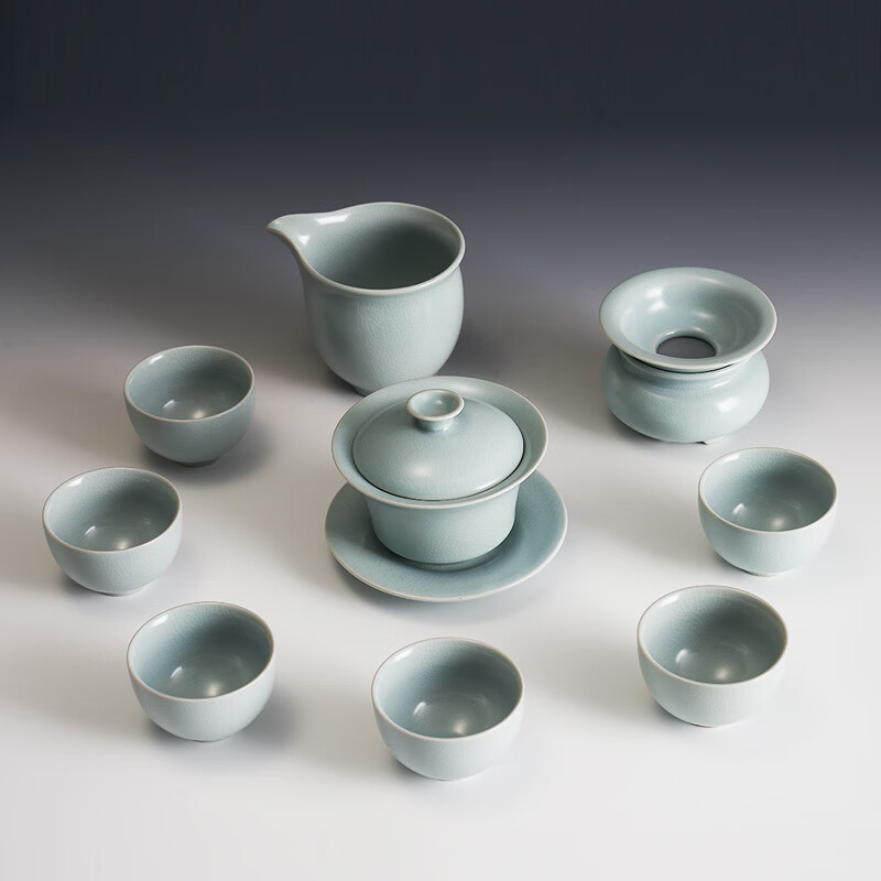 漢唐（hantang）汝窯可養開片家用功夫茶具套裝陶瓷整套蓋碗10件套 10件 汝窯蓋碗套裝套