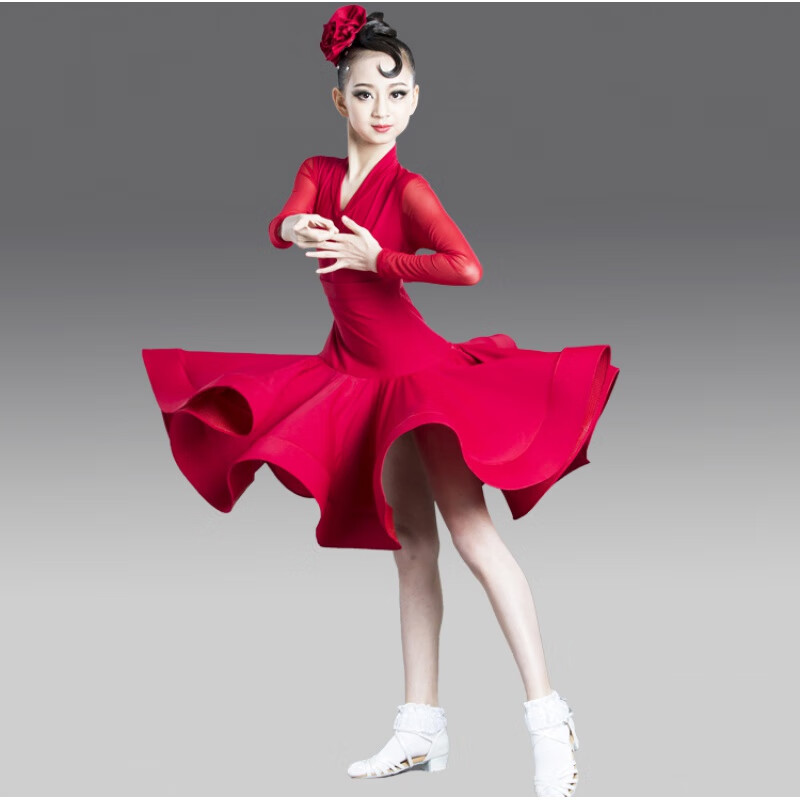 亲智（QINZHI）拉丁舞服装女儿童比赛衣服春秋款大裙摆标准舞蹈规定服表演服艺考 红色 大摆红色长袖 M