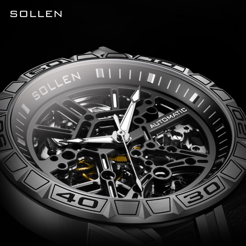 梭伦（SOLLEN）新款迷宫表盘手表男镂空全自动机械表男士手表防水夜光腕表送男友 蓝色黑盘【国潮双开礼盒】326