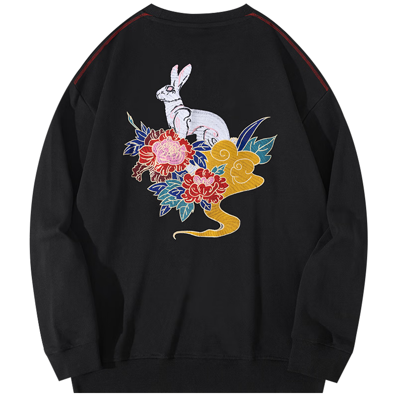 天龙致尊denon supreme卫衣男女潮牌国潮花丛玉兔刺绣宽松中国风情侣