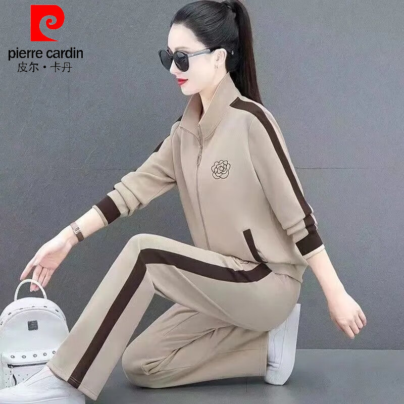 皮尔卡丹(pierre cardin)中老年运动套装女春秋外套新款卫衣洋气时尚减龄休闲跑步服三件套 咖啡色三件套 L