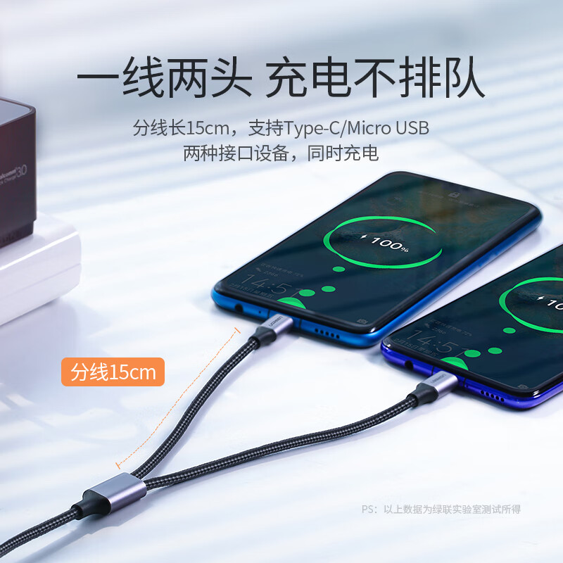 绿联 Type-C数据线二合一华为充电器线USB-C安卓车载线一拖二通用小米8/9/10/Mate40Pro/P30/20荣耀手机1米