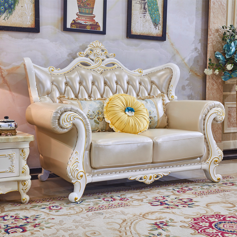 千巢家居 欧式真皮沙发真皮沙发头层牛皮轻奢实木皮艺123小户型简欧沙发 国产头层牛皮双位 橡木雕花 组合