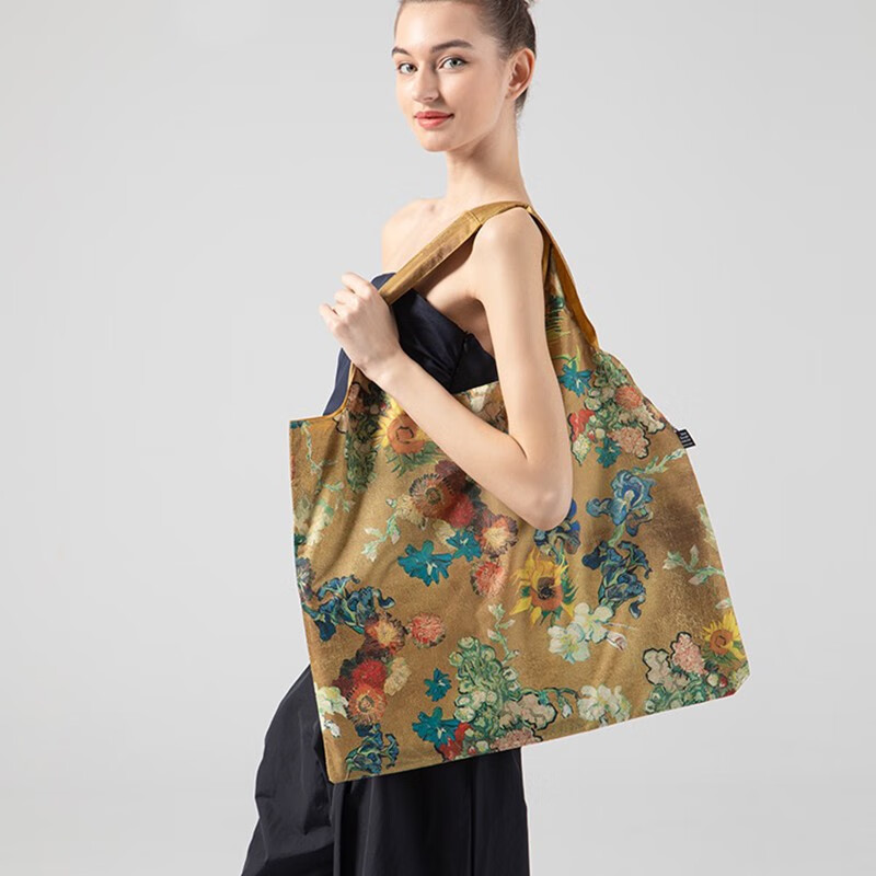 LOQI梵高艺术作品购物袋博物馆收藏环保袋星空向日葵大容量折叠单肩包 金底花束购物袋