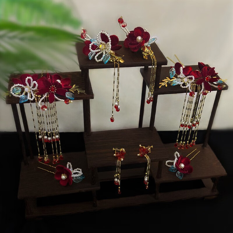 海伊朵婚纱头饰新娘发饰套装发箍韩式仙女森系敬酒服发饰中式礼服配饰品 红色绒花发簪套装