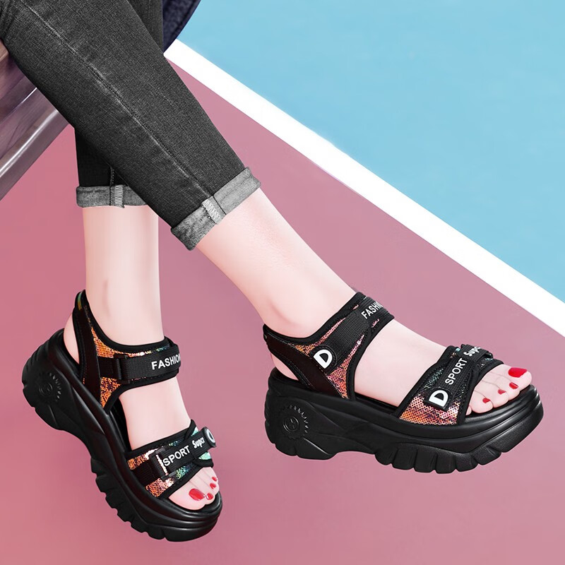 shezhou凉鞋女夏季新款露趾女鞋魔术贴休闲运动老爹厚底女士沙滩鞋潮