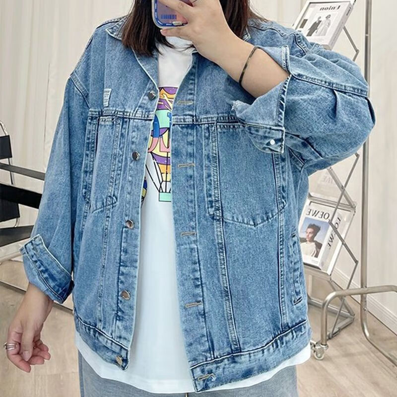 50岁春秋装外套女上衣大码牛仔外套春秋新款300斤加肥加大胖mm 浅蓝色