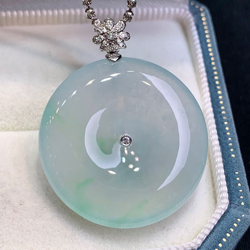 月亮阿姨  翡翠冰种平安扣吊坠 18k镶嵌缅甸a货翡翠女款珠宝项链生日