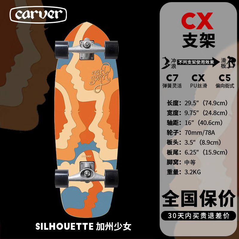 Carver【顺丰发货】美国陆冲板 「加州少女」GRLSWIRL专业陆地冲浪板 29.5英寸 CX4桥 PU支架款
