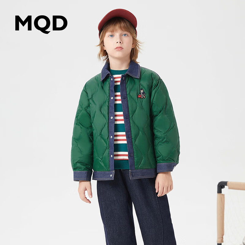MQD童装男大童2023年冬季新款休闲拼接菱格翻领羽绒服 墨绿 140cm