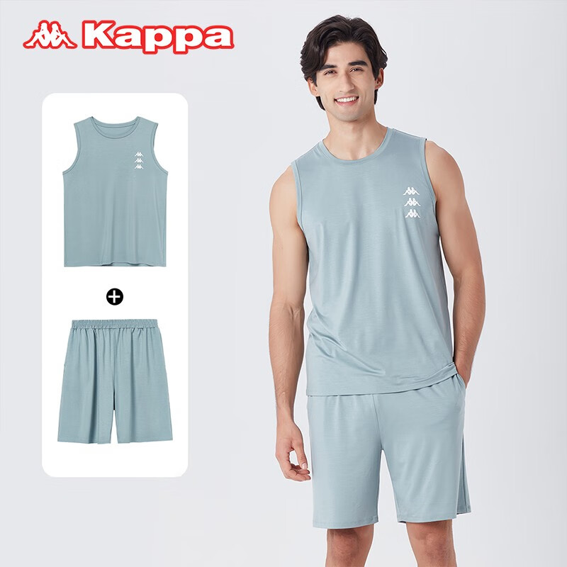 KAPPA卡帕睡衣男士家居服2023夏季新款冰丝凉感透气背心短裤运动套装男 灰绿 XL码 建议(140-160斤)