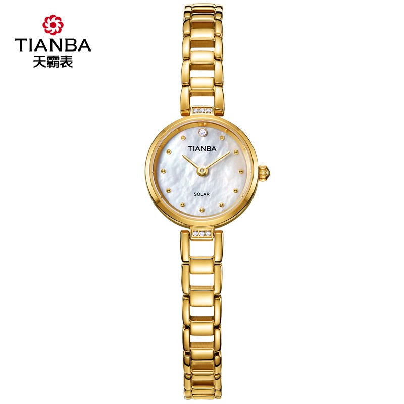 天霸（TIANBA）太阳能光能女表时尚贝母表盘手链表钢带小表盘女士防水手表TL9012 气质优雅金