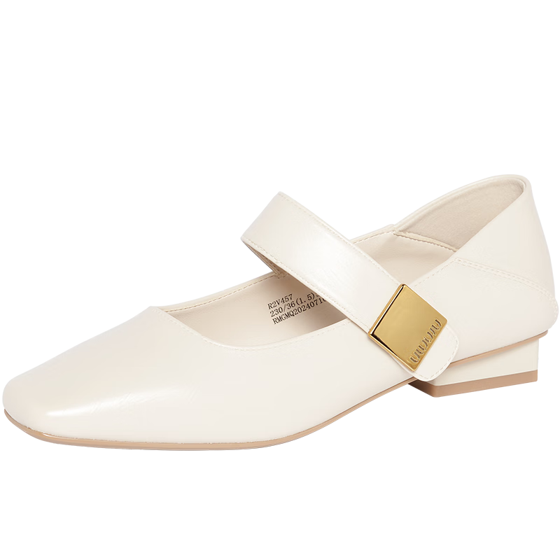 reemoor睿慕一字扣帶瑪麗珍2026春冬新款法式小方頭淺口單鞋女鞋 米白色 37