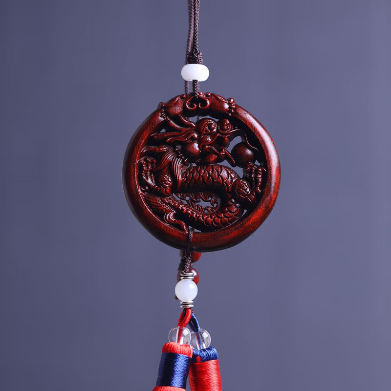 莲雨恋星木龙挂件雕刻龙牌吊坠木质龙形把玩生肖龙祥龙项链 圆形龙牌