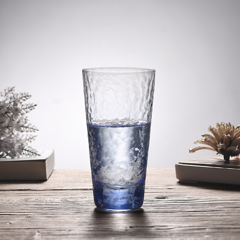 蓝色锤纹玻璃杯子水杯女家用喝水啤酒果汁饮料茶杯 蓝色340ml-高款