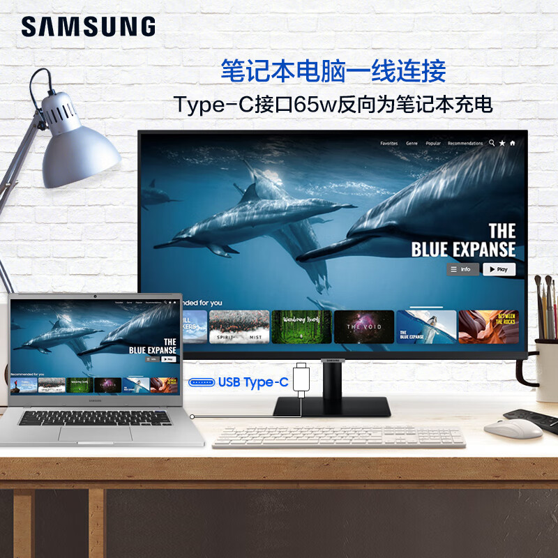 三星（SAMSUNG）32英寸4K Type-C 65w 窄边框 无线投屏 海量app 蓝牙链接 Tizen系统 智慧显示器(S32AM700UC)