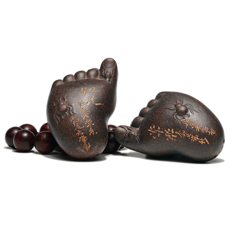 御壶茗香 宜兴紫砂茶宠摆件泡茶小茶玩知足常乐对足佛足摆件一对 知足