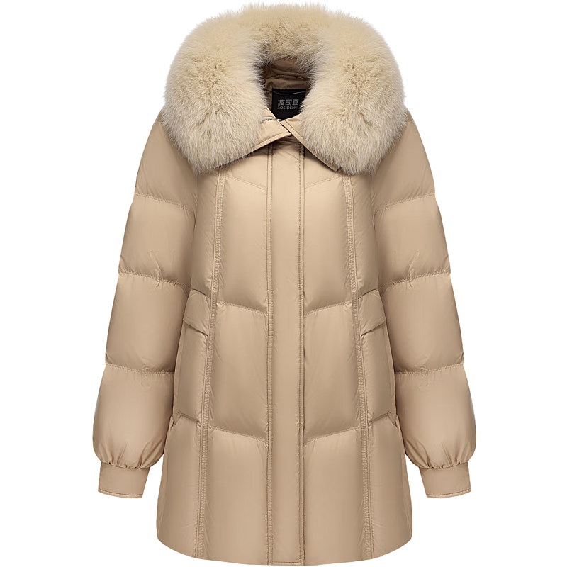 波司登（BOSIDENG）【断码清仓】羽绒服女款短款大毛领新国标90绒商场同款修身厚外套 梧桐卡其7B02 L 170/92A