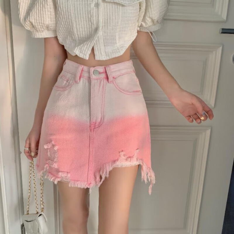 骏晟辣妹a字裙粉色牛仔裙半身裙女夏季设计感小众不规则裙子高腰短裙