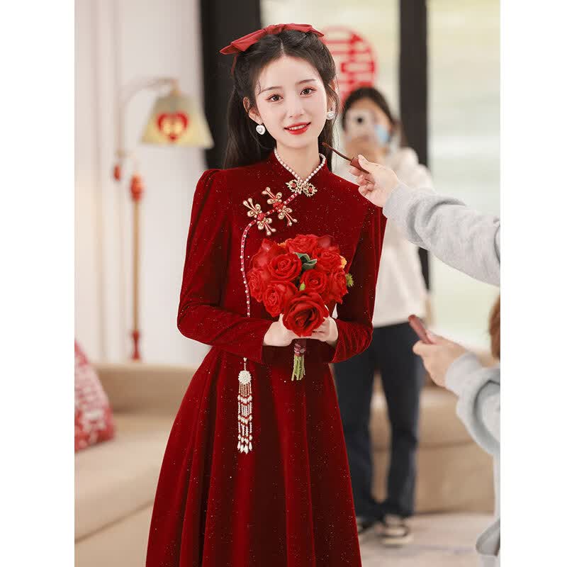 塞德勒（SAIDELE）敬酒服新娘2023新款红色结婚长袖冬天订婚丝绒旗袍礼服女春季 酒红色中长款 L (建议106-115斤)高性价比高么？