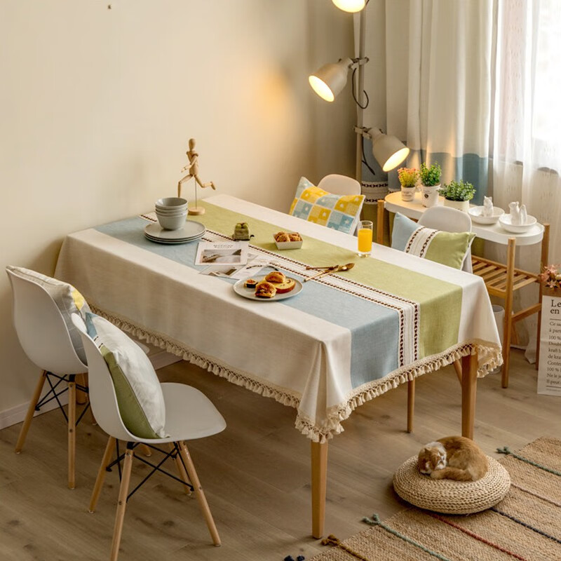 桌布布艺棉麻小清新北欧网红ins茶几桌布流苏防水防烫餐 清新绿蓝 90