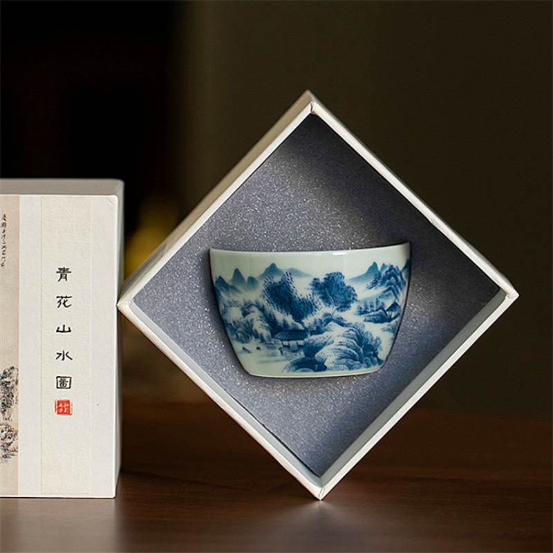 密小米秘影山房 青花山水图主人杯 单杯品茗杯青瓷礼盒装茶杯中式茶具