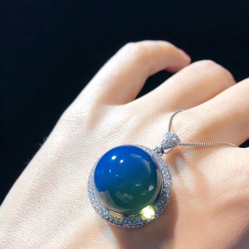 天然多米尼加s925银蓝珀吊坠 5a高蓝蓝珀项链女款 琥珀蜜蜡锁骨链