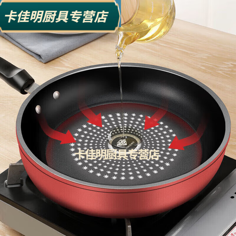 PJ油烟平底锅不粘锅炒菜家用炒煎锅具煎饼电磁炉通用 24里米煎炒两用带盖木铲