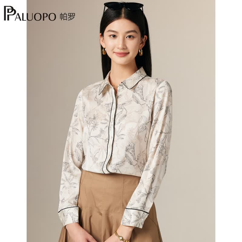 帕罗（PALUOPO）19姆米弹力双乔桑蚕丝夏长袖印花微弹衬衣休闲文艺上衣衬衫女 白底花 XL (170/92A)