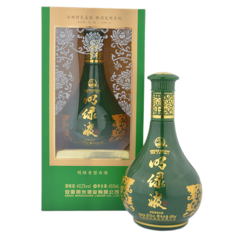 明光酒明绿液酒 明绿香型 白酒40.2度1瓶 450ml 绿瓶 整箱4瓶 40.2度 450mL 4瓶 整箱包装