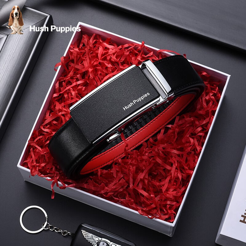 暇步士(Hush Puppies)本命年马年红腰带男真皮自动扣头层牛皮红色皮带裤带商务高端奢品 外黑内红948W 110cm