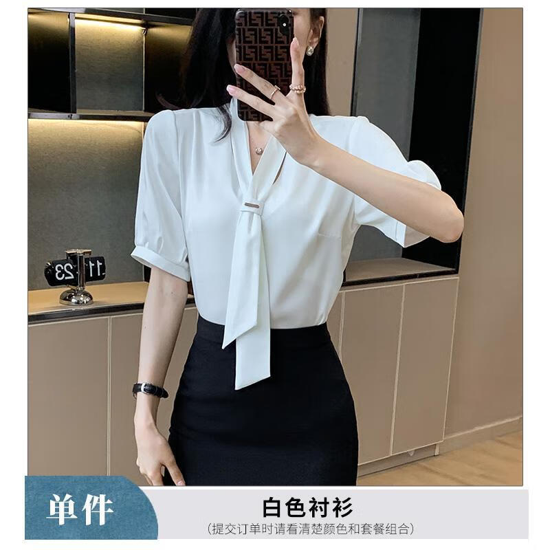冉同女士衬衣带领结雪纺蝴蝶结衬衫女白色衬衫女短袖时尚洋气高级感飘