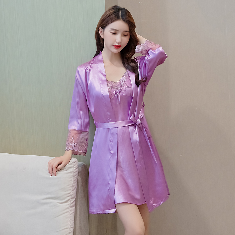 秋季性感少女蕾丝仿真丝睡袍睡衣吊带睡裙两件套冰丝绸家居服 907紫色