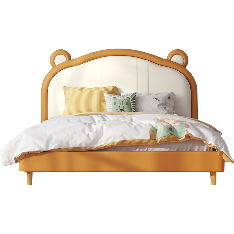 林氏木业 (Kids) 儿童床小男孩单人床卧室实木脚家具组合套装卡通 【暮光橙+米白色】R688头层牛皮儿童床 1500mm*2000mm